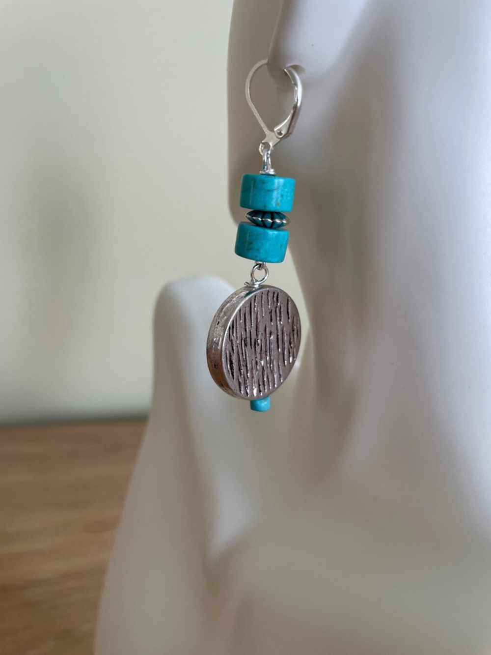 HAND CRAFTED TURQUOISE & SILVER COIN BEAD EARRINGS Southwestern Boho Dangles - Picture 5 of 12
